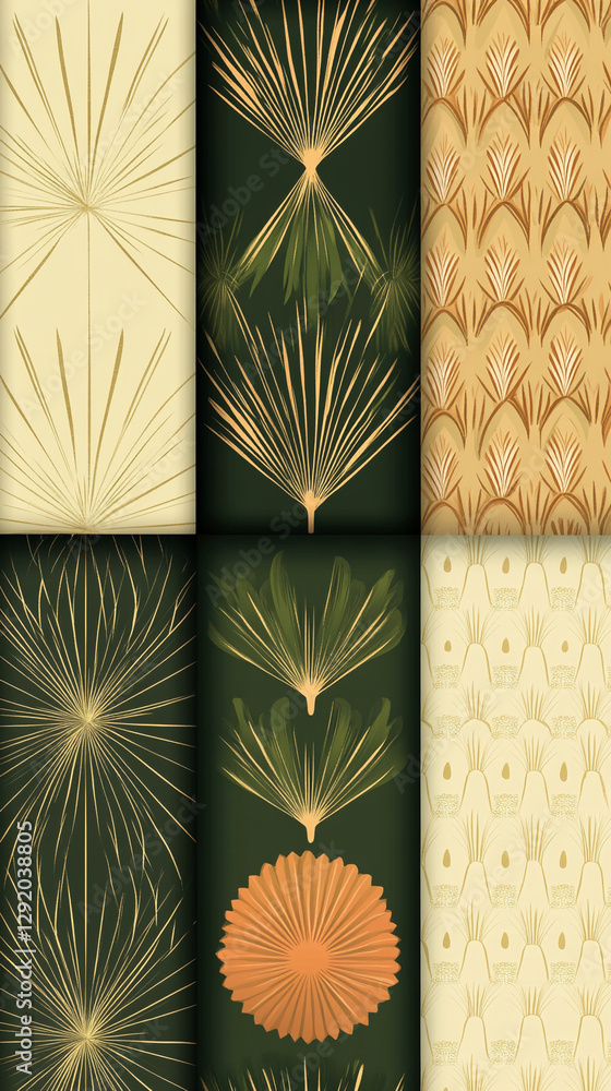 Poster abstract design featuring geometric patterns with floral elements in green, orange, and beige colors