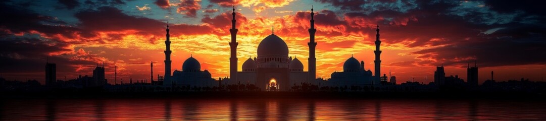 Obraz premium Silhouette of a mosque during sunset with vibrant colors and soft glowing light in the background. Generative AI