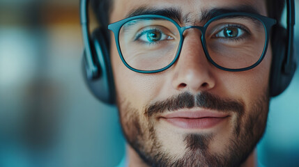 Professional male concentrating while using laptop, wearing glasses and wireless headphones during remote work session