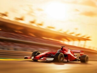 A vibrant red race car accelerates around the racetrack, capturing the excitement of motorsport during a stunning sunset. The dynamic motion adds to the thrill of the scene.