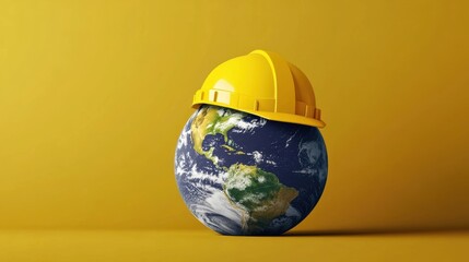Earth globe wearing construction helmet symbolizing industrialization and global urbanization on yellow background.