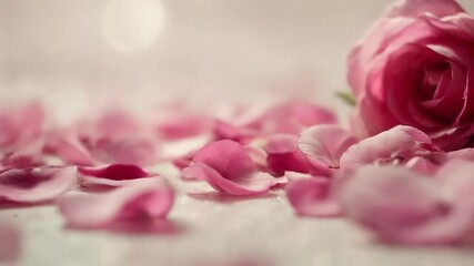 Close up of falling rose petals on pink rose for Valentine's Day on light background with space for text.