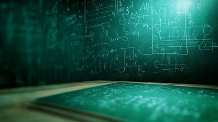 Classroom blackboard filled with mathematical equations and notes, creating an academic atmosphere