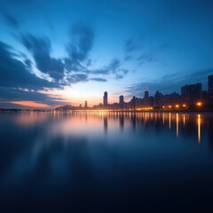 Fototapeta premium City skyline at dusk reflecting in water.