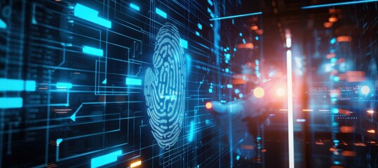 Futuristic Biometric Scanner with Digital Fingerprint in High-Tech Office Environment