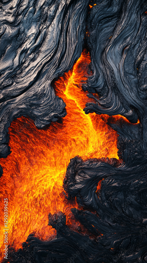 Poster close-up of molten lava flowing between dark hardened lava rocks, showcasing the intense heat and na