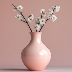 Elegant pink vase with delicate cherry blossom branches against a soft background