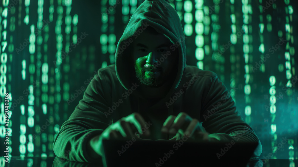 Poster cyber threat: hacker in hood typing on laptop with projected green code
