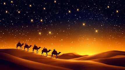 Fototapeta premium A caravan of camels traversing a golden desert under a starry sky. Desert Caravan Under Stars. Illustration