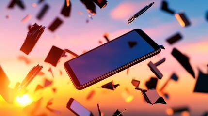 A smartphone floating amidst flying books against a vibrant sunset backdrop, symbolizing knowledge and technology