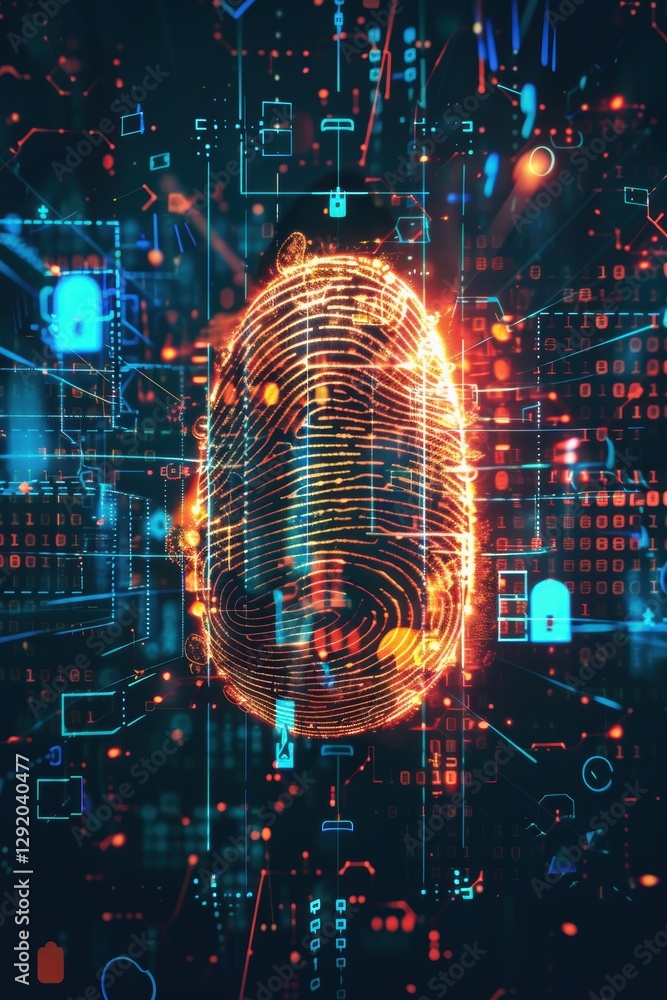 Poster biometric identity security with holographic fingerprint and encryption grids for digital protection
