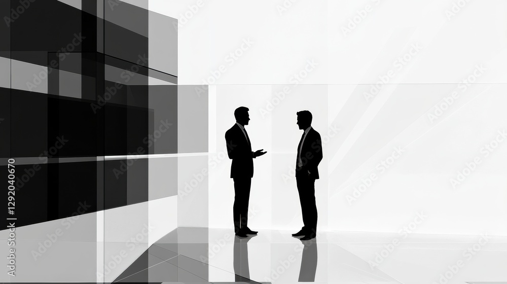 Poster business negotiation between two silhouettes in a modern office setting during daytime. generative a