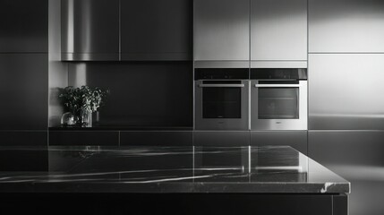 Modern Kitchen Interior, Dark Cabinets, Appliances, Sunlight, Empty Counter