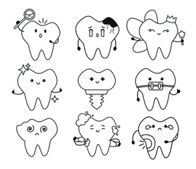 Kawaii Teeth Set – Cute Dental Cartoon Characters Line style. Templates for children's dentistry, coloring page