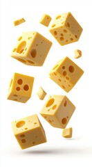 Floating Yellow Cheese Cubes on a White Background