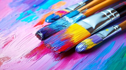 Obraz premium Vibrant paintbrushes resting on a colorful palette, showcasing artistic tool and creativity