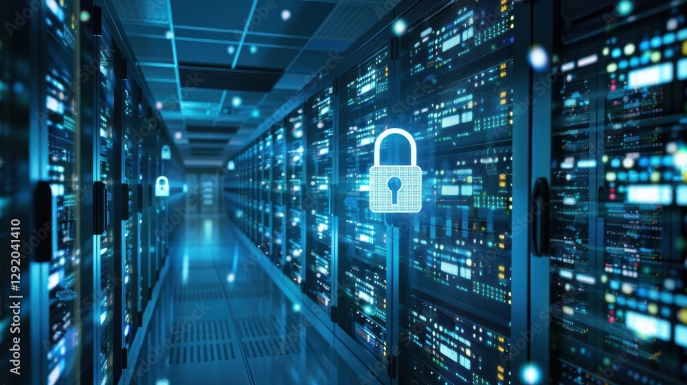 Poster secure data storage in a modern server room with holographic padlocks for cybersecurity concept
