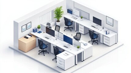 Modern office layout, isometric view, collaborative workspace, plant, charts