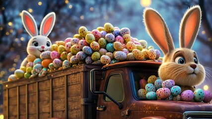 Joyful rabbit delivering colorful eggs in a festive truck during a vibrant night