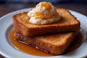 French toast with whipped cream and maple syrup on white plate