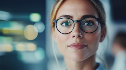 Portrait of a businesswoman wearing glasses standing in a server room with bokeh lights in the background