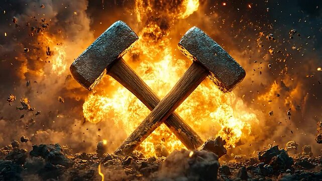 Crossed mining hammers in fiery explosion. Background of debris. Use stock photo for mining, industry, or action