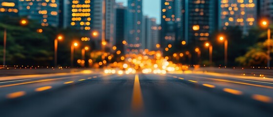 Obraz premium City street illuminated at night with bright lights and empty sidewalks in an urban environment
