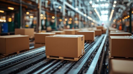 Boxes on conveyor belt in a busy warehouse, showcasing logistics and efficiency in action