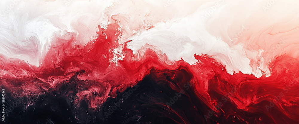 Poster abstract fluid paint texture with flowing red, white, and black colors blending together, symbolizin