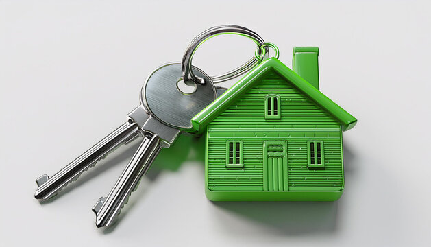 green house shaped keychain attached to two silver keys displayed on a white background 3d rendering concept of real estate home ownership - Powered by Adobe