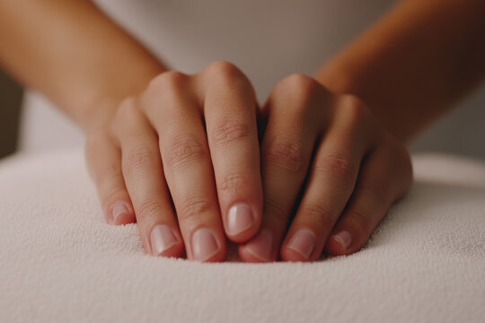 Close-up of well-manicured hands resting on a soft white towel in a spa or massage therapy setting