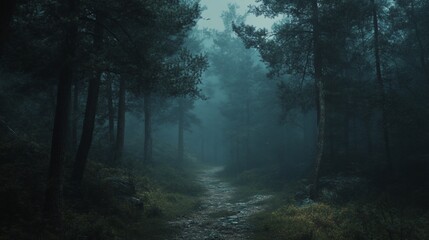 Obraz premium Misty forest path leading into deep woods.