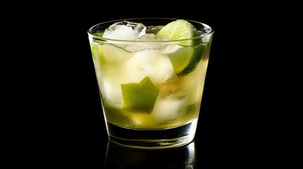 Refreshing Caipirinha cocktail in glass, black background, ice, lime slices.  Possible use  bar menu, drink advertisement