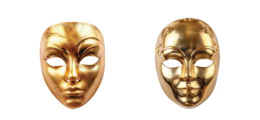 Golden masks featuring intricate designs and expressive facial details in a shimmering finish