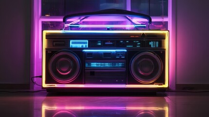 Fototapeta premium Neon boombox glows brightly against a window and wooden floor