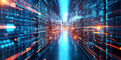 Abstract Digital Data Flow Displayed as Bright Blue and Red Streaks in a Dark Server Environment.