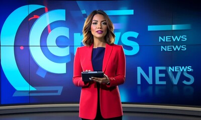 Female TV presenter reading the new life, broadcasting
