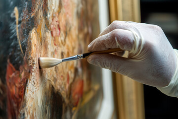 A conservator wearing gloves carefully restoring an aged painting with a fine brush, preserving its texture, colors, and historical significance in an art restoration process