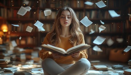 Young woman reading book amidst flying papers in library. Illustrates the joy of reading and immersion in literature.