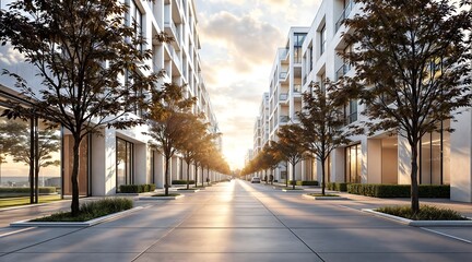 Modern City Street with apartment buildings and Trees at Sunrise