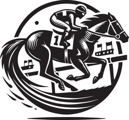 Jockey and Horse Racing Action Black and White Graphic Design
