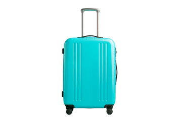 Bright turquoise suitcase with a telescopic handle and wheels, isolated on a gray background. Perfect for travel or storage, showcasing modern design and functionality.