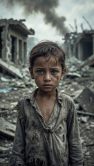 A young child stands solemnly in front of a war-torn backdrop, with a distressed expression. Dirt and soot cover the child's face and ragged clothes, while smoke rises from the destroyed city behind.