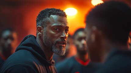 A coach leading a motivational speech to his team before an important game indoors. Generative AI