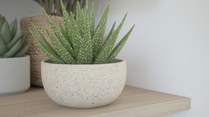 Aloe vera plant in beige pot on shelf, minimalist background, home decor