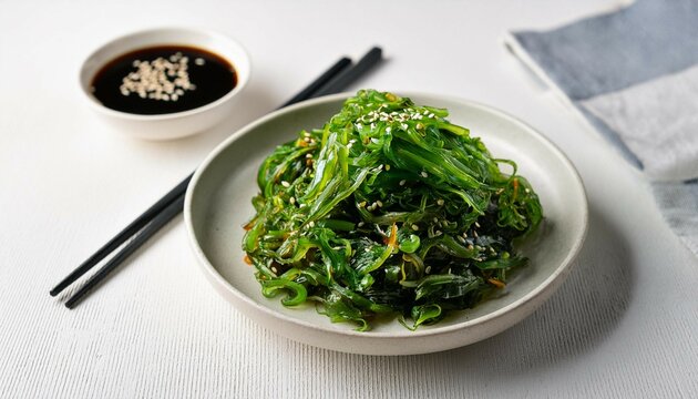 japanese raw vegan delicious chuka wakame salad and seaweed nori salad with sauce in a plate on a white table