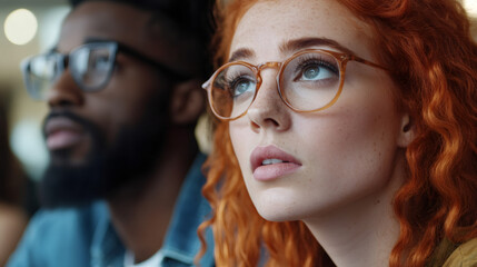 Businesswoman and businessman gazing upward with hope during a collaborative meeting, contemplating future strategies and aspirations