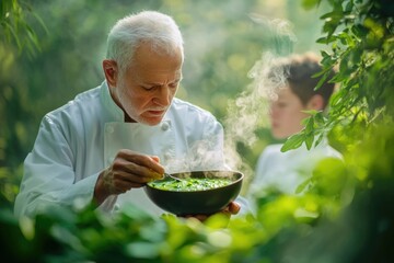 An elderly chef tastes a steaming bowl of fresh green vegetable soup outdoors, a younger person is visible in the background.