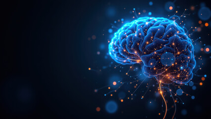 A visual metaphor for artificial general intelligence (AGI) featuring a stylized brain with neural connections emitting light particles.