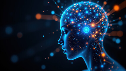 Artistic representation of artificial general intelligence with human-like features and brain activity as a nebula.